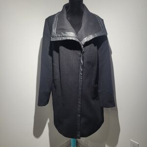 Penningtons Women's Faux Leather Trim Wool Blend Asymmetrical Coat 1X Black NEW